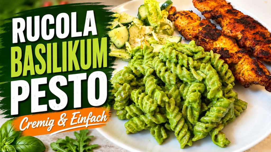 Selbstgemachtes Rucola-Basilikum-Pesto mit Parmesan und Nüssen