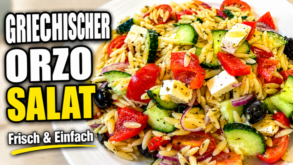Griechischer Kritharaki-Salat mit Feta, Gurke, Tomaten, Paprika und Oliven